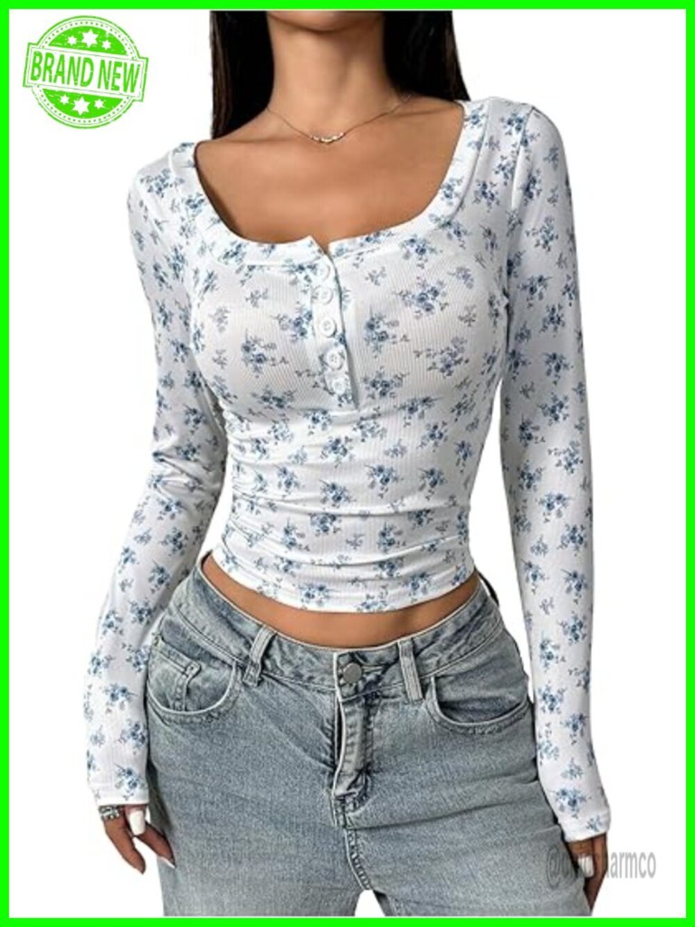 Floral Button Down Crop Top Long Sleeve Scoop Neck Tee